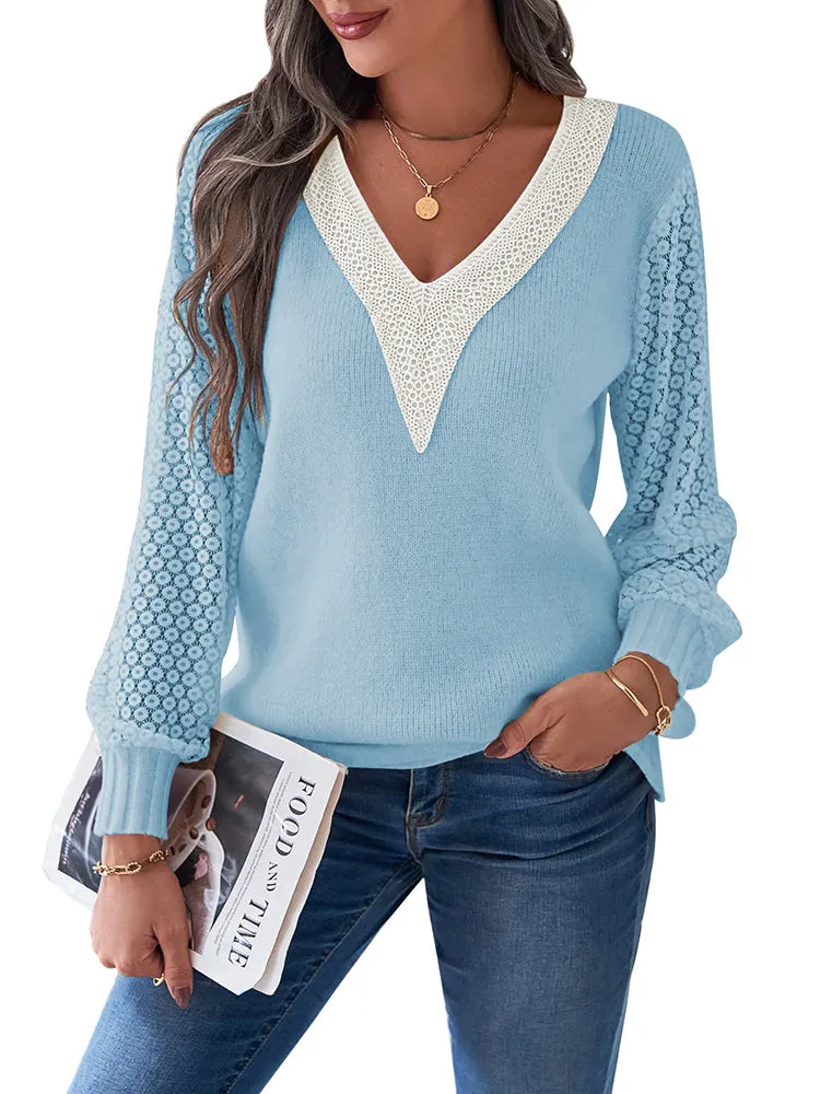 Women's Long Sleeve Lace V Neck Knit Loose Pullover Sweaters
