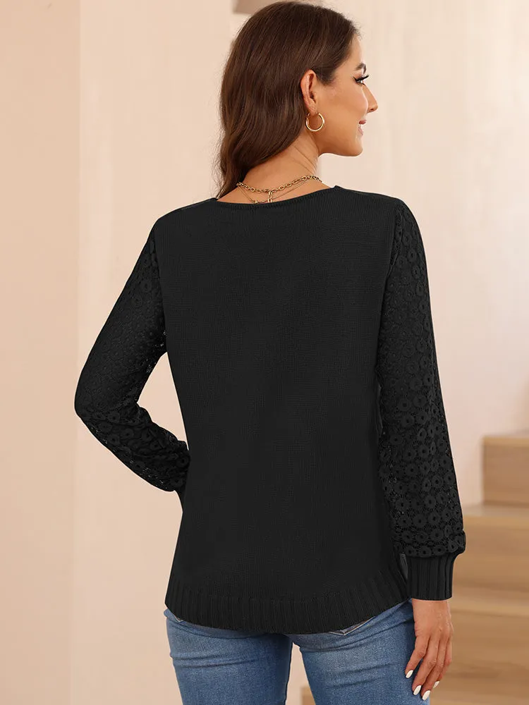 Women's Long Sleeve Lace V Neck Knit Loose Pullover Sweaters