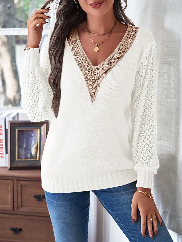 Women's Long Sleeve Lace V Neck Knit Loose Pullover Sweaters