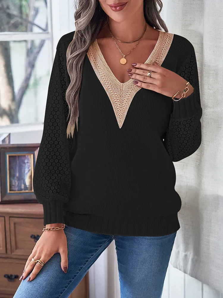 Women's Long Sleeve Lace V Neck Knit Loose Pullover Sweaters