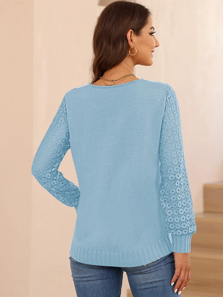 Women's Long Sleeve Lace V Neck Knit Loose Pullover Sweaters