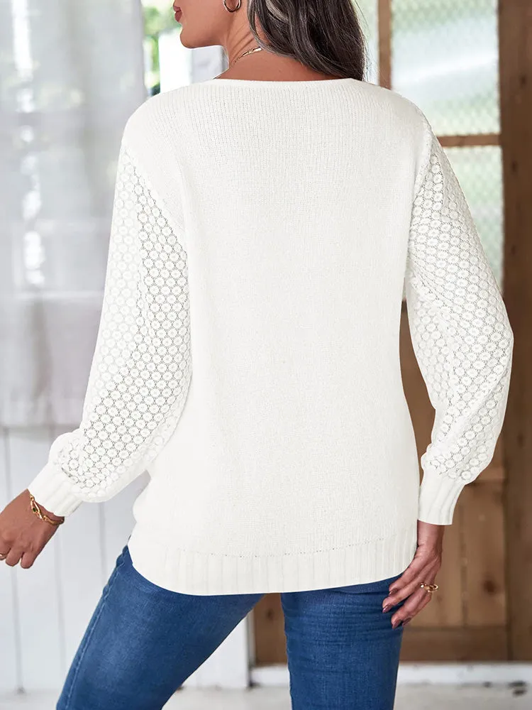 Women's Long Sleeve Lace V Neck Knit Loose Pullover Sweaters
