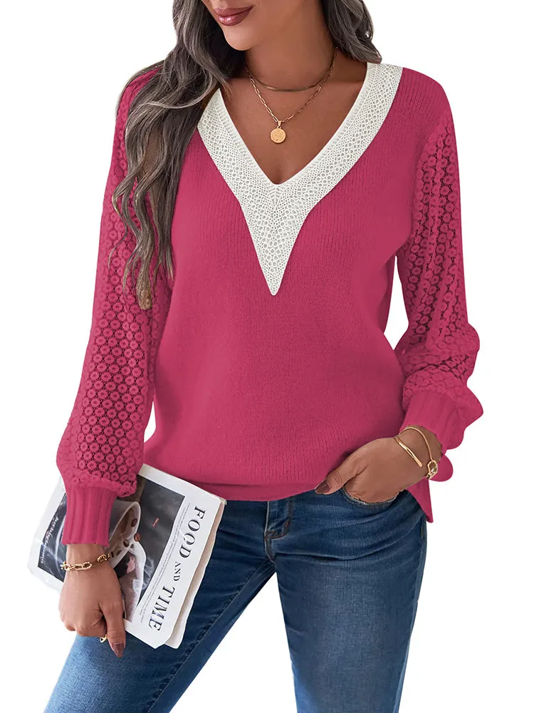 Women's Long Sleeve Lace V Neck Knit Loose Pullover Sweaters