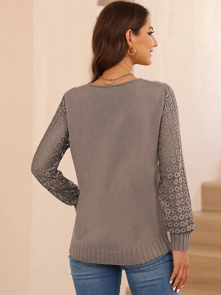 Women's Long Sleeve Lace V Neck Knit Loose Pullover Sweaters