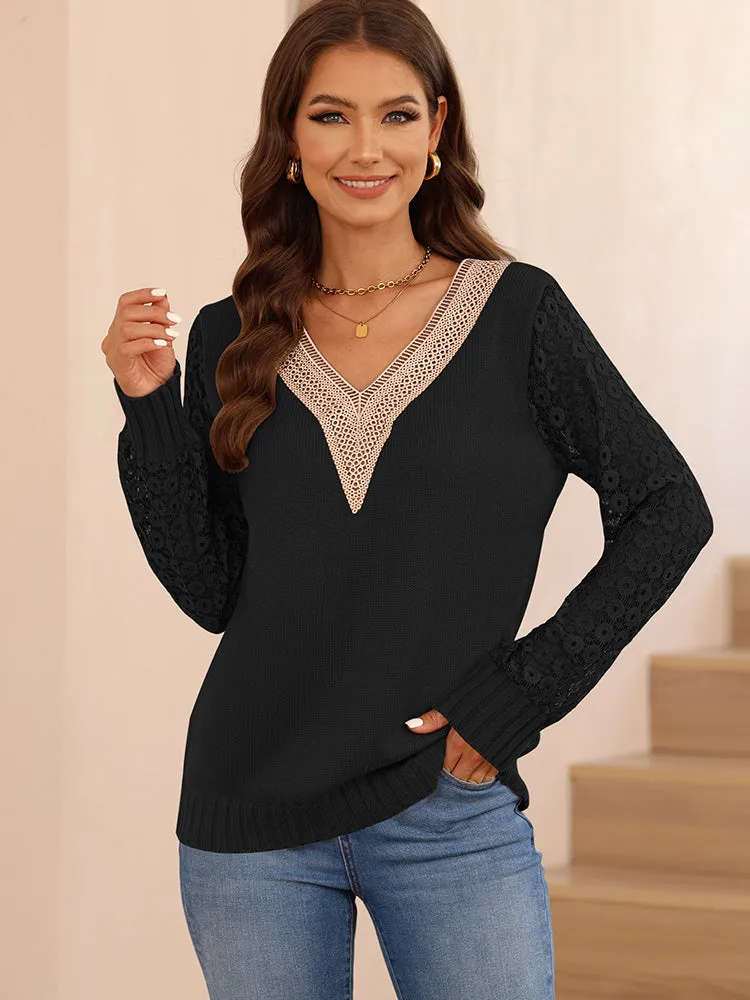 Women's Long Sleeve Lace V Neck Knit Loose Pullover Sweaters