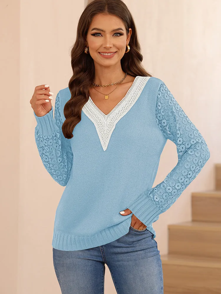 Women's Long Sleeve Lace V Neck Knit Loose Pullover Sweaters