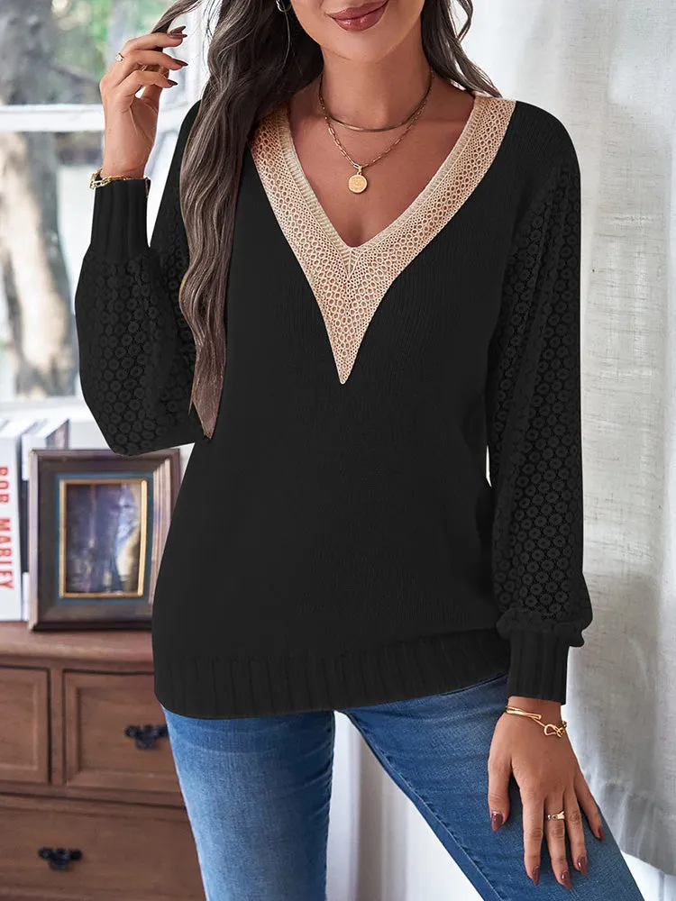 Women's Long Sleeve Lace V Neck Knit Loose Pullover Sweaters