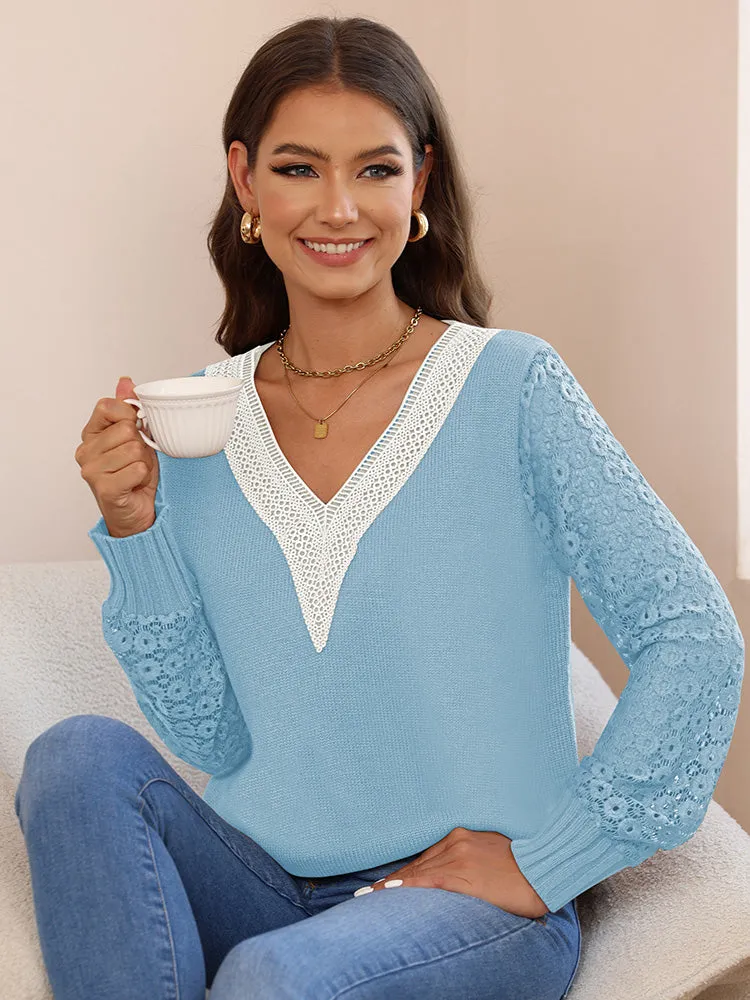 Women's Long Sleeve Lace V Neck Knit Loose Pullover Sweaters