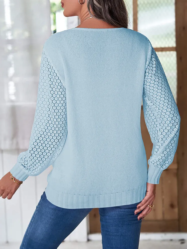 Women's Long Sleeve Lace V Neck Knit Loose Pullover Sweaters