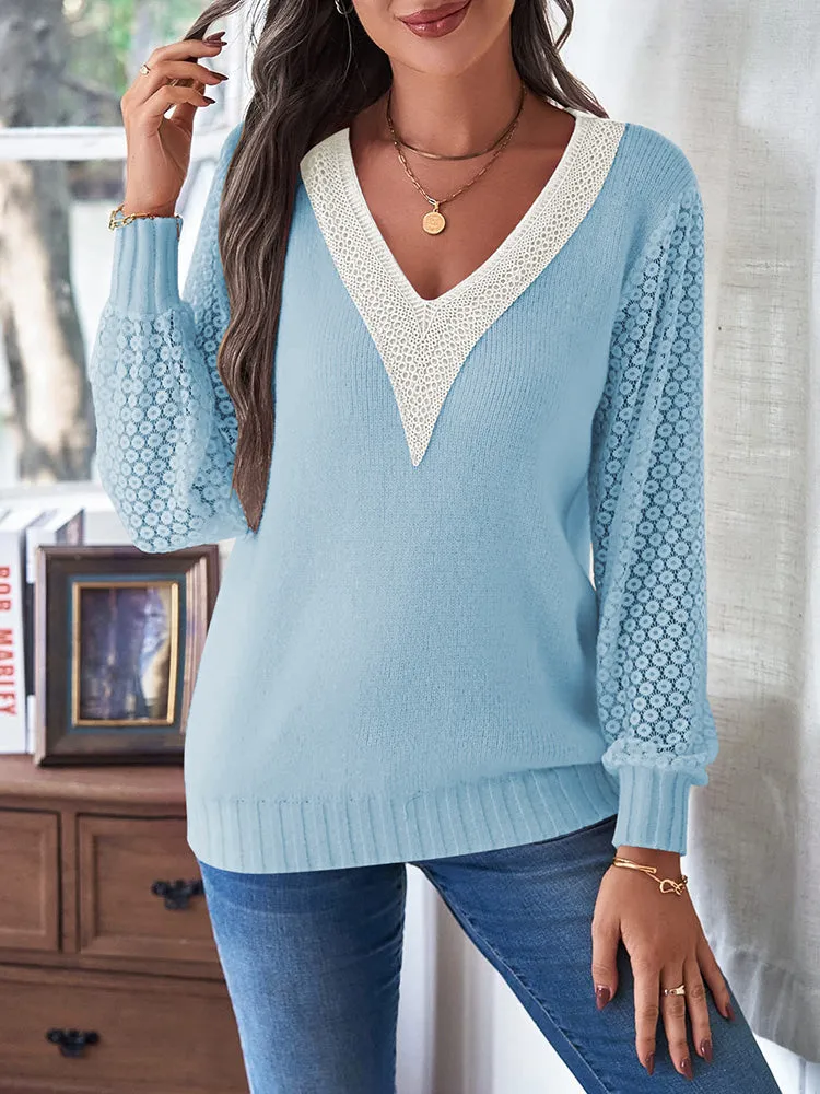Women's Long Sleeve Lace V Neck Knit Loose Pullover Sweaters