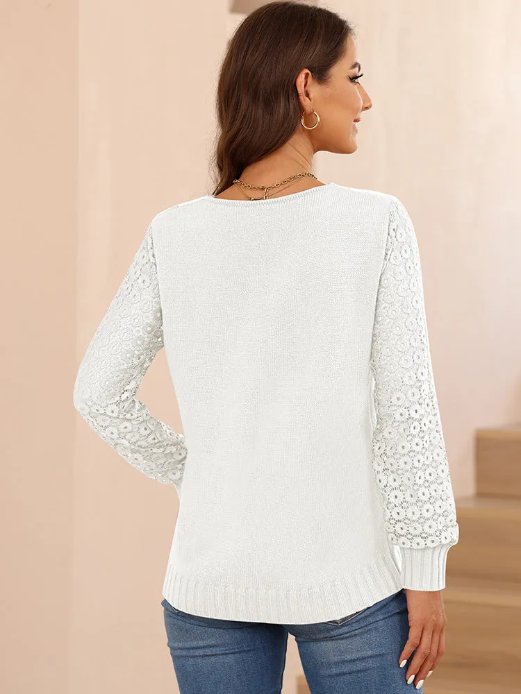Women's Long Sleeve Lace V Neck Knit Loose Pullover Sweaters