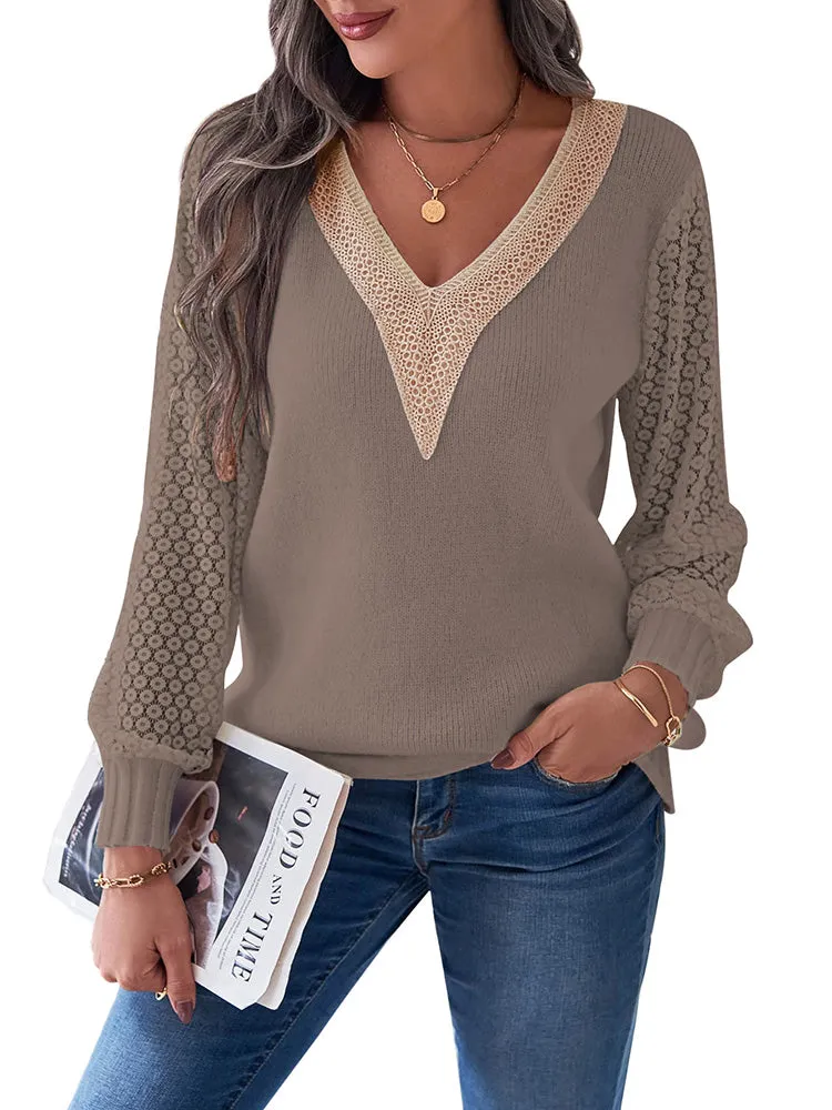 Women's Long Sleeve Lace V Neck Knit Loose Pullover Sweaters