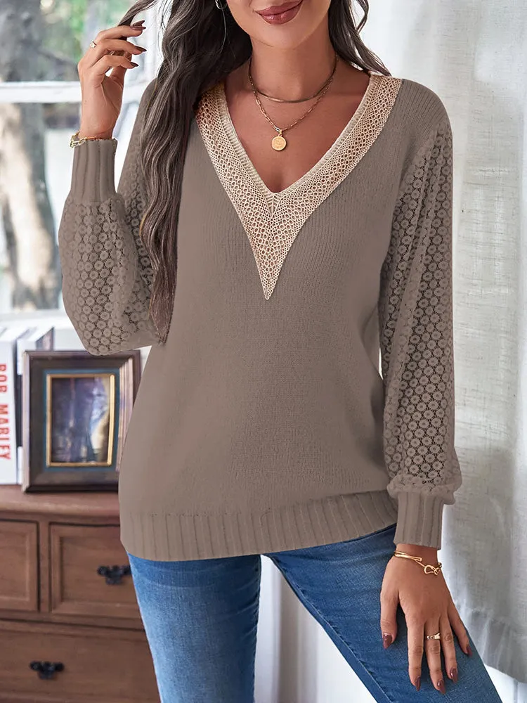 Women's Long Sleeve Lace V Neck Knit Loose Pullover Sweaters