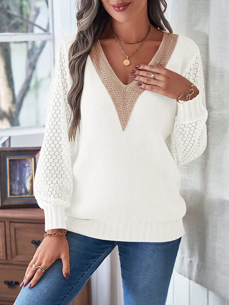 Women's Long Sleeve Lace V Neck Knit Loose Pullover Sweaters