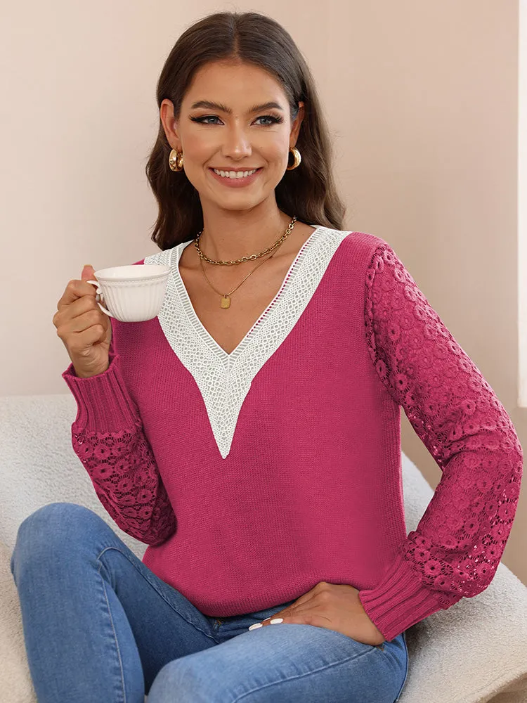 Women's Long Sleeve Lace V Neck Knit Loose Pullover Sweaters
