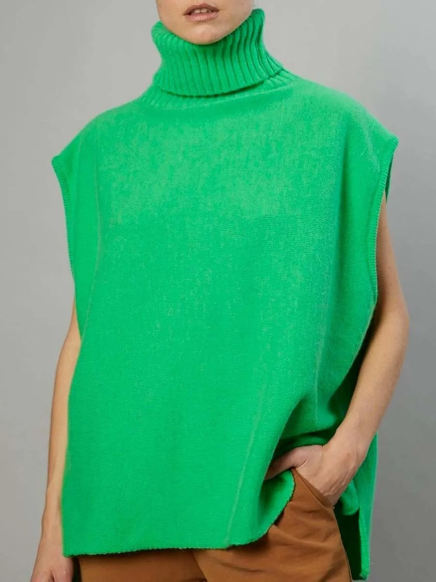 Women's Sleeveless Knitted Sweater with High Collar