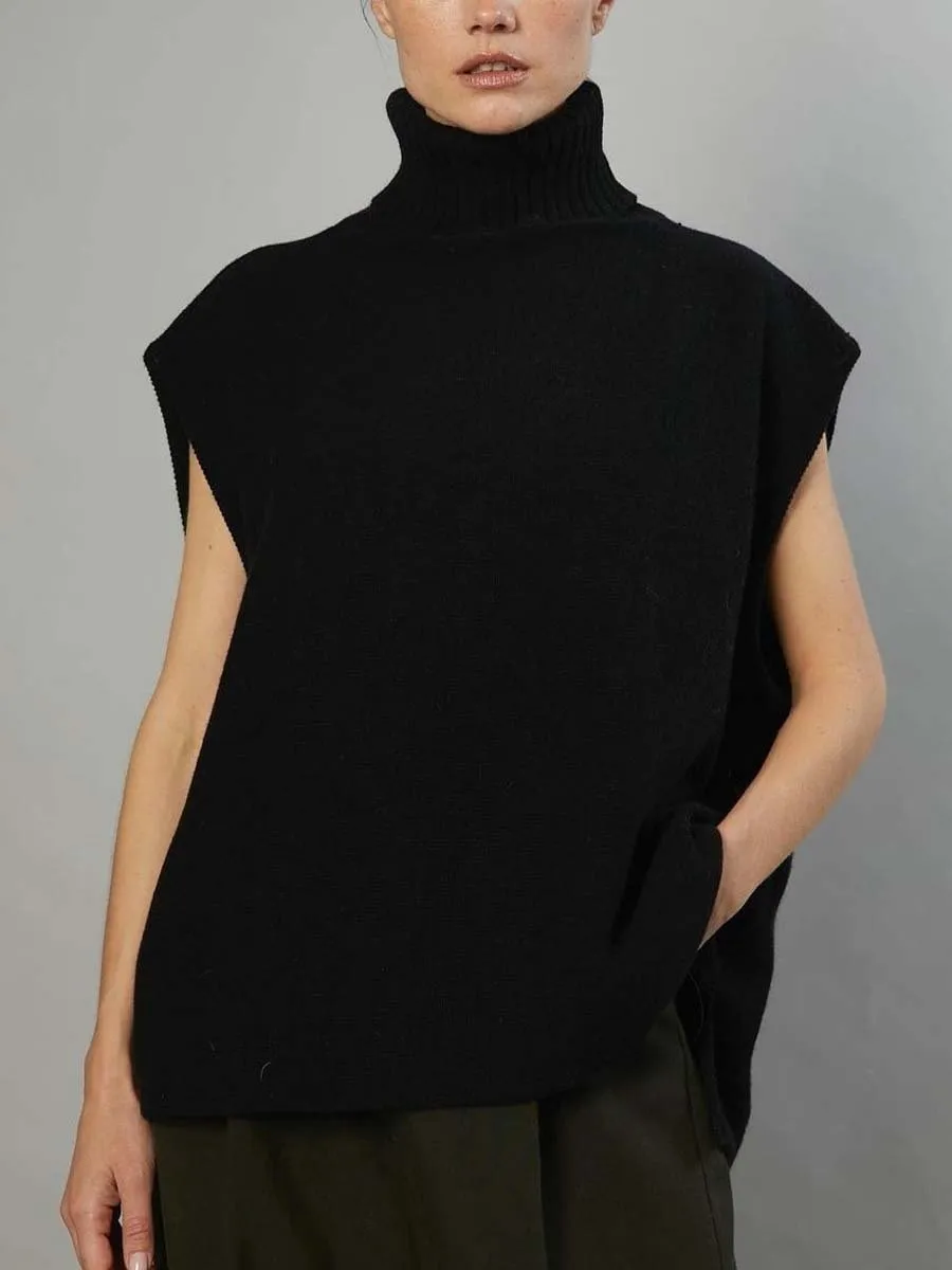 Women's Sleeveless Knitted Sweater with High Collar