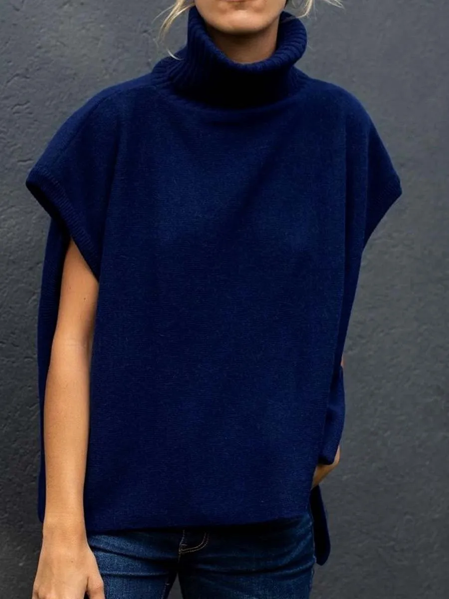 Women's Sleeveless Knitted Sweater with High Collar