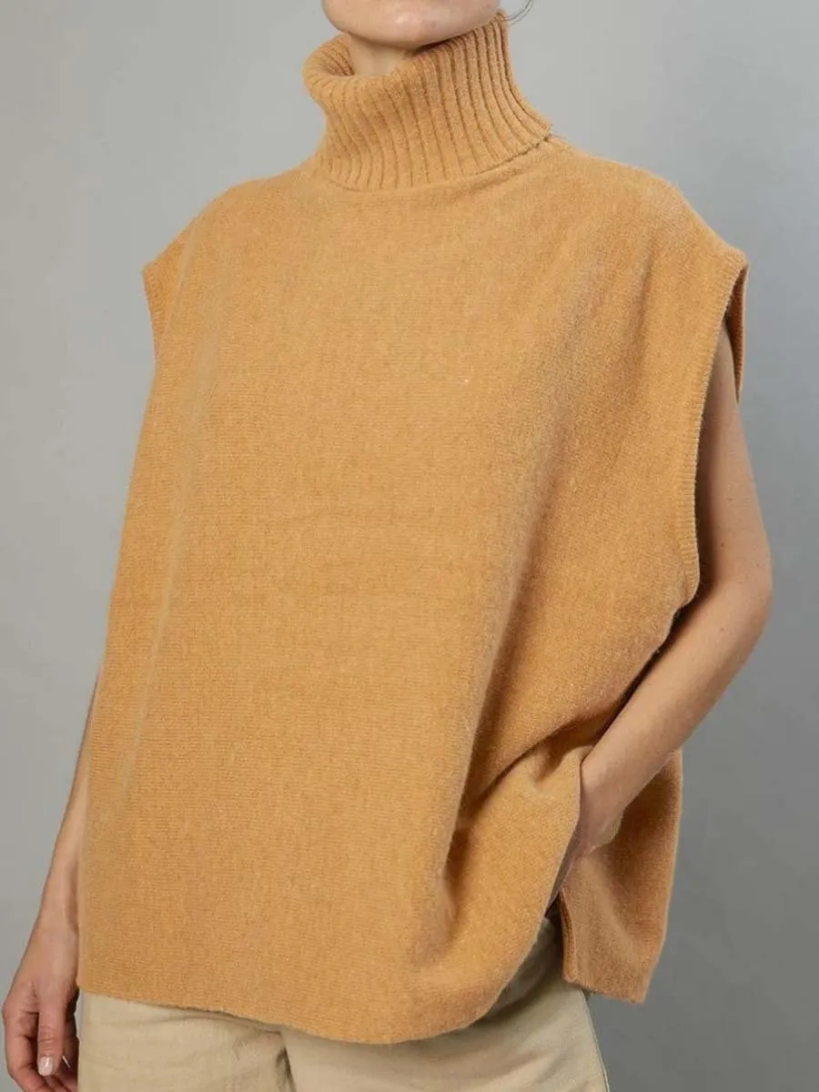 Women's Sleeveless Knitted Sweater with High Collar