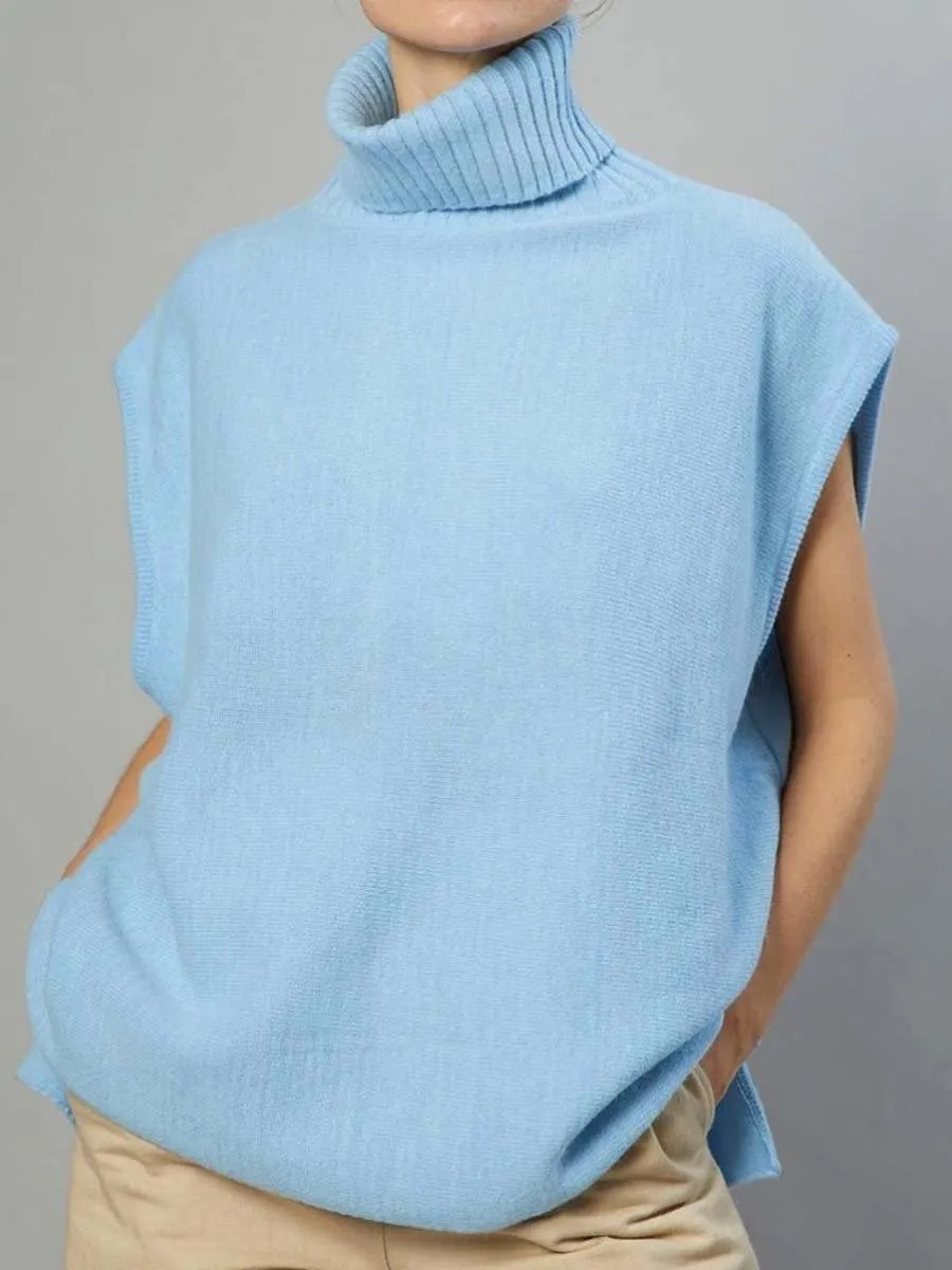 Women's Sleeveless Knitted Sweater with High Collar