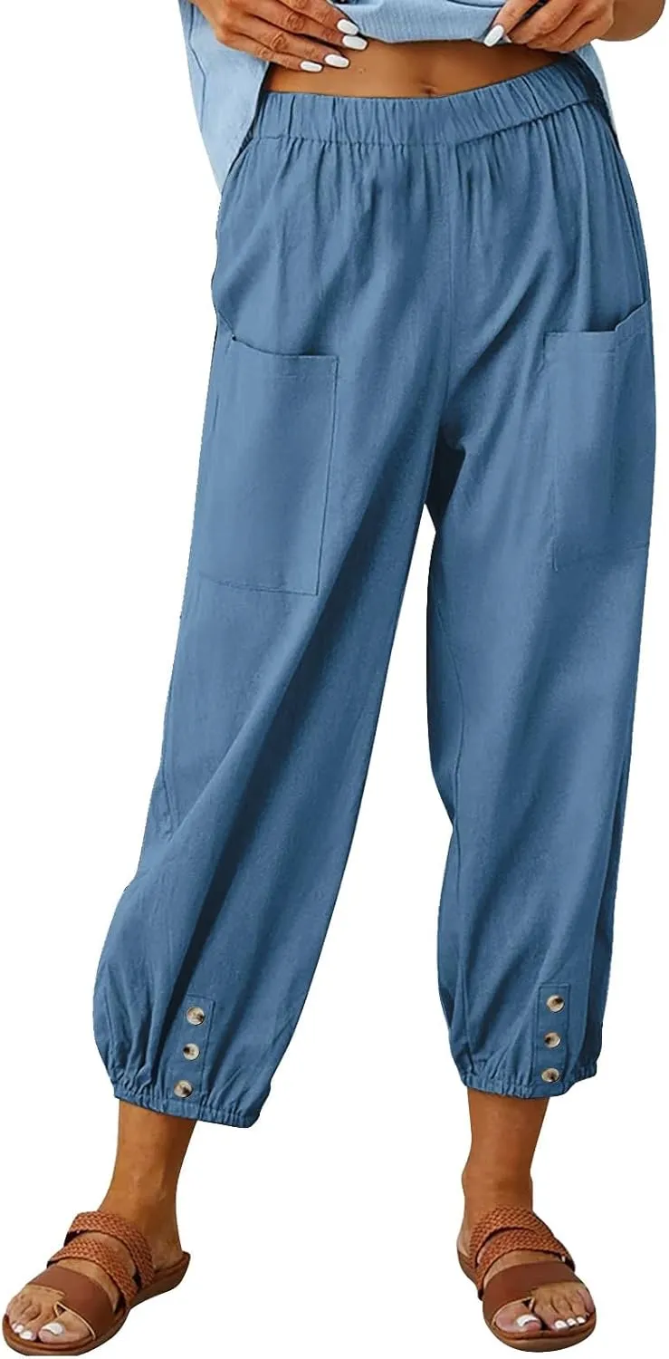 Women's Summer Casual Capri Pants Beach Vacation Lightweight Cotton Linen Pants Cinch Bottom Cropped Trouser