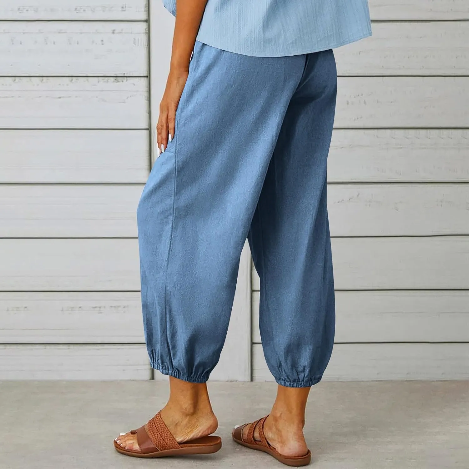 Women's Summer Casual Capri Pants Beach Vacation Lightweight Cotton Linen Pants Cinch Bottom Cropped Trouser