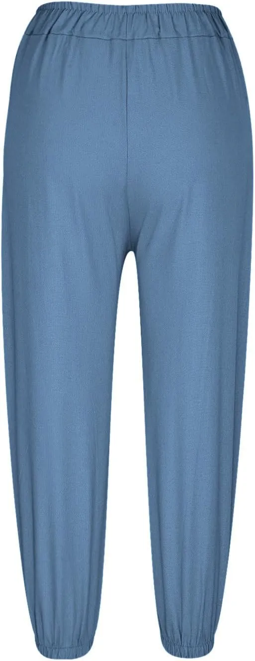 Women's Summer Casual Capri Pants Beach Vacation Lightweight Cotton Linen Pants Cinch Bottom Cropped Trouser