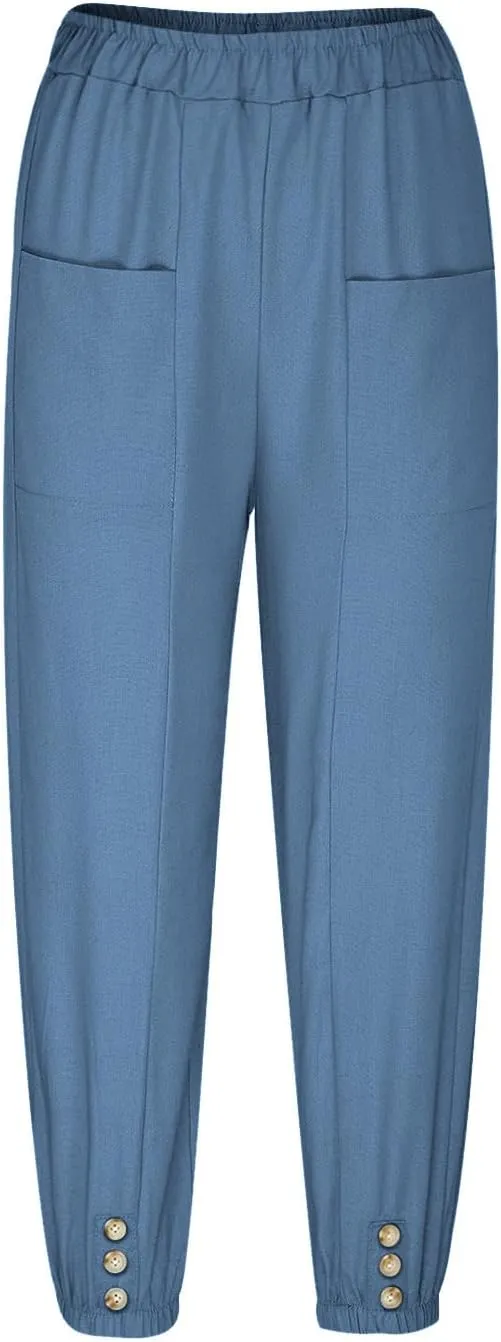 Women's Summer Casual Capri Pants Beach Vacation Lightweight Cotton Linen Pants Cinch Bottom Cropped Trouser