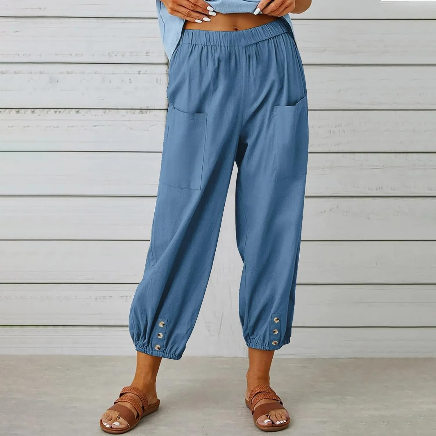 Women's Summer Casual Capri Pants Beach Vacation Lightweight Cotton Linen Pants Cinch Bottom Cropped Trouser