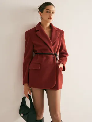 Wool-Blend Belted Blazer With Shoulder Pads