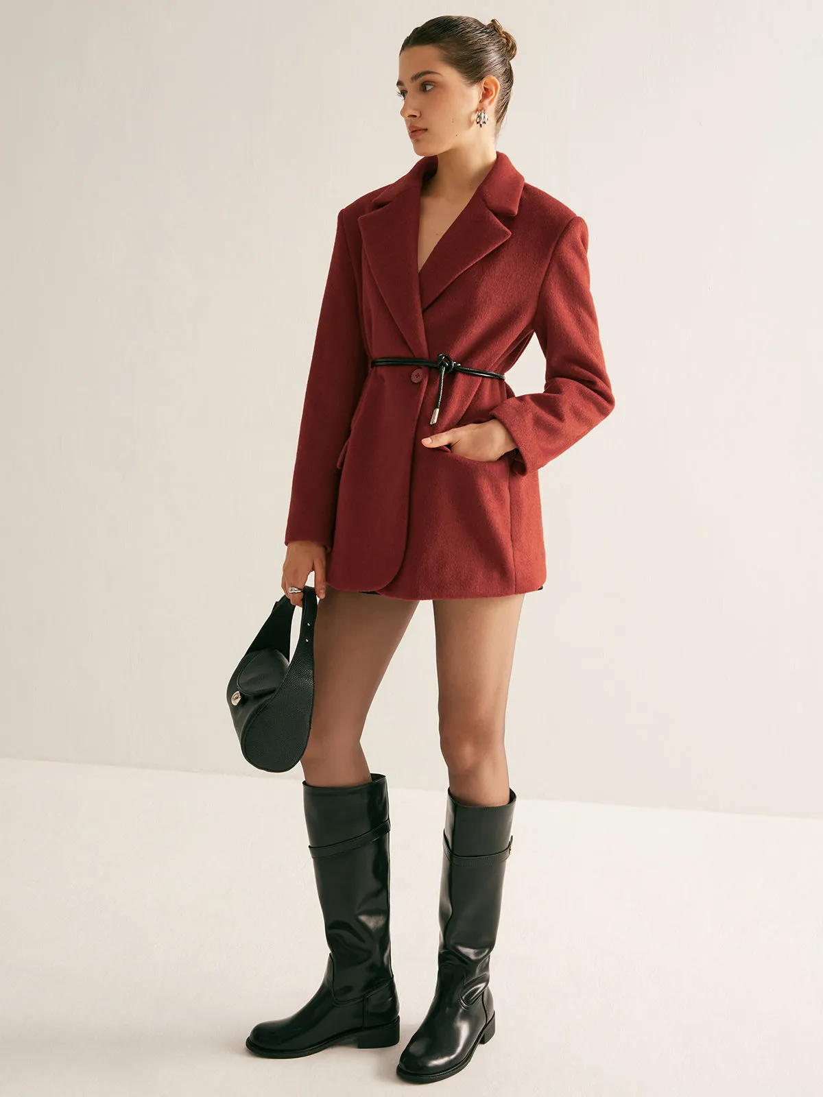 Wool-Blend Belted Blazer With Shoulder Pads