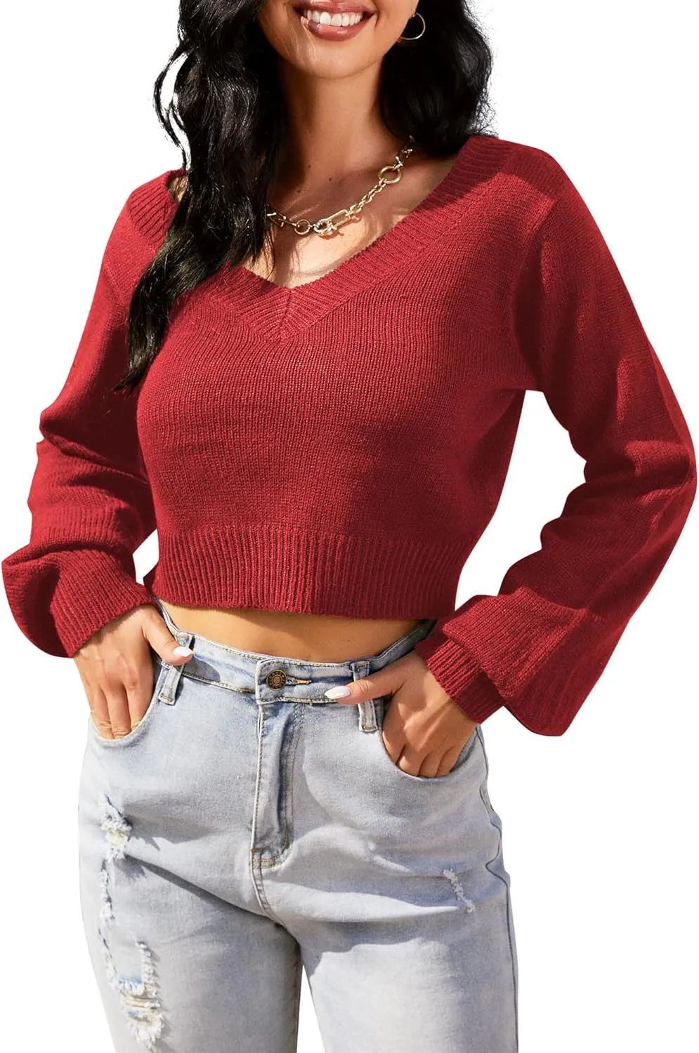 ZAFUL Women's Cropped Sweater V-Neck Long Sleeve Crop Sweater Pullover Jumper Knit Top