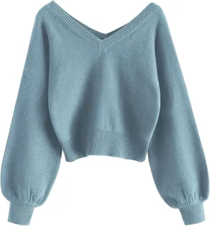 ZAFUL Women's Cropped Sweater V-Neck Long Sleeve Crop Sweater Pullover Jumper Knit Top