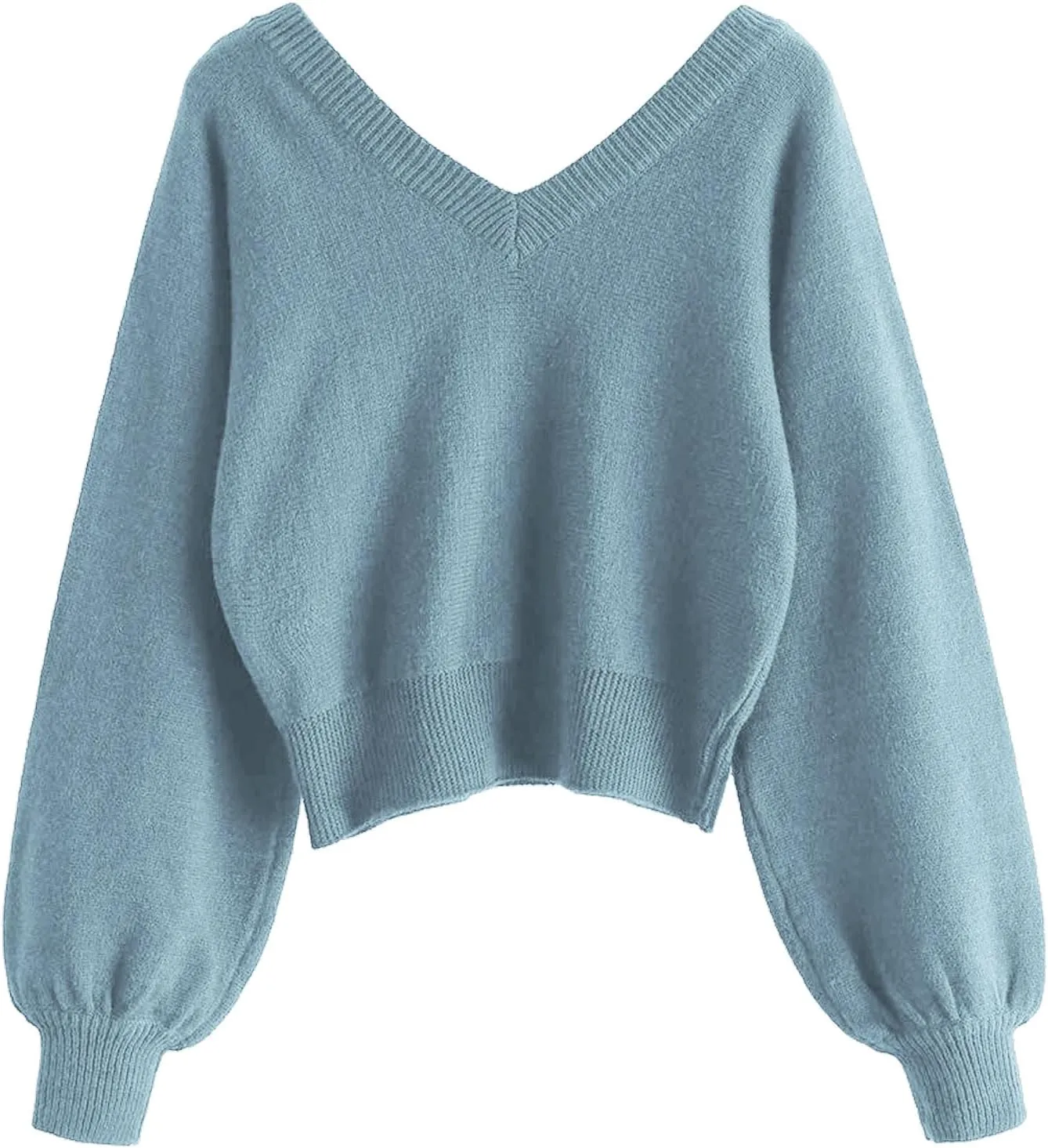 ZAFUL Women's Cropped Sweater V-Neck Long Sleeve Crop Sweater Pullover Jumper Knit Top