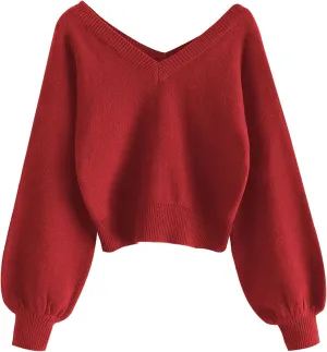 ZAFUL Women's Cropped Sweater V-Neck Long Sleeve Crop Sweater Pullover Jumper Knit Top