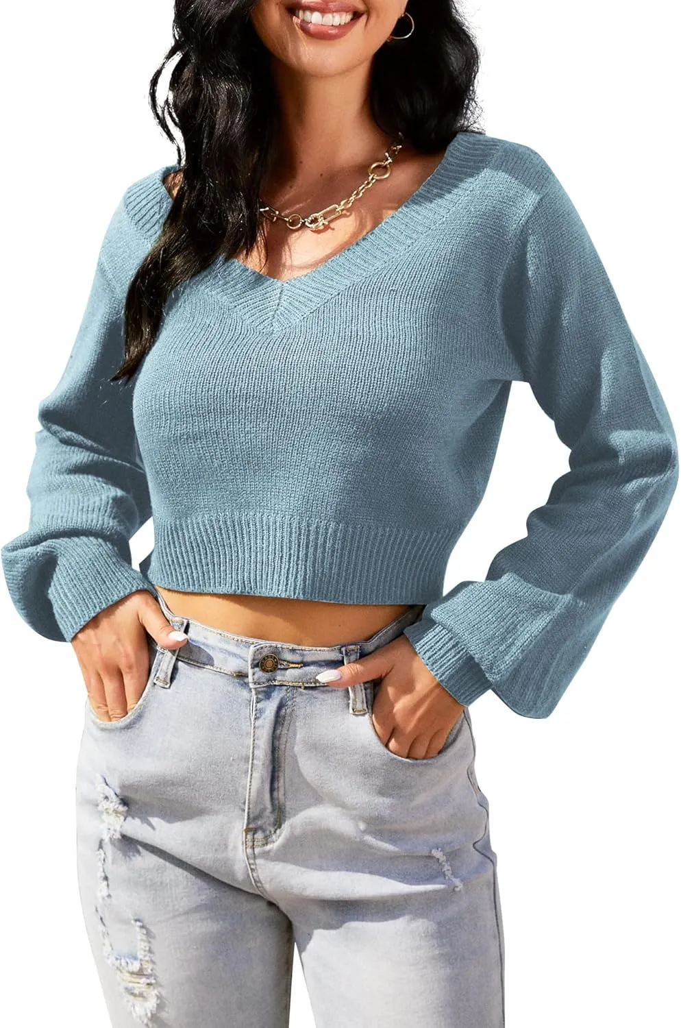 ZAFUL Women's Cropped Sweater V-Neck Long Sleeve Crop Sweater Pullover Jumper Knit Top